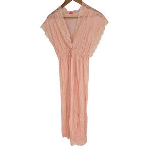 Vintage Avian Womens Sz L Peach Pink Nightgown Nylon Lace Trim V Neck